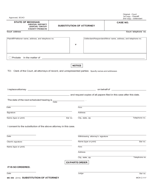 Substitution of Attorney Form - Michigan