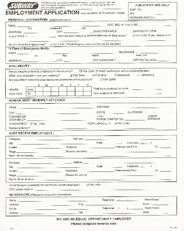Subway Application Form