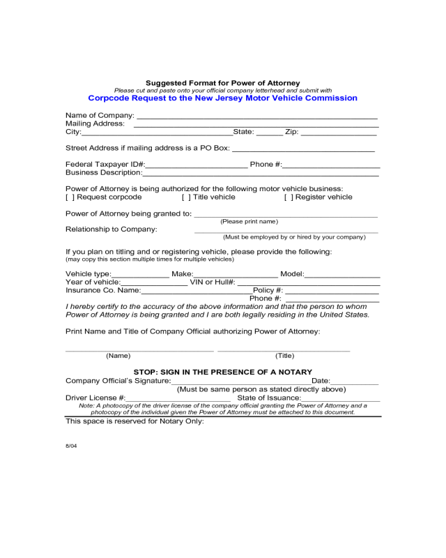 Suggested Format for Motor Vehicle Power of Attorney - New Jersey