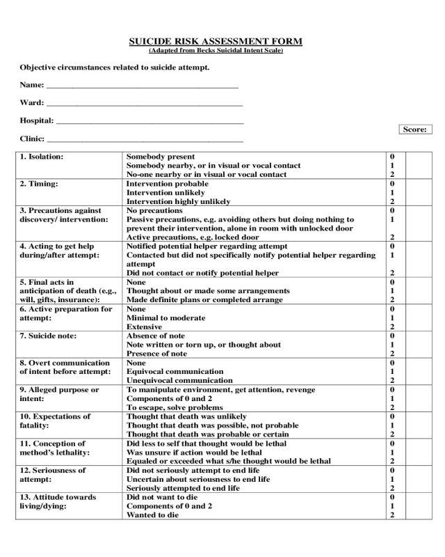Suicide Risk Assessment Sample Form