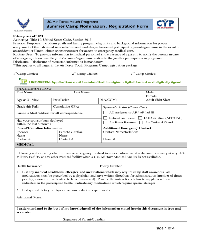 Summer Camp Nomination / Registration Form - US Air Force Youth Programs