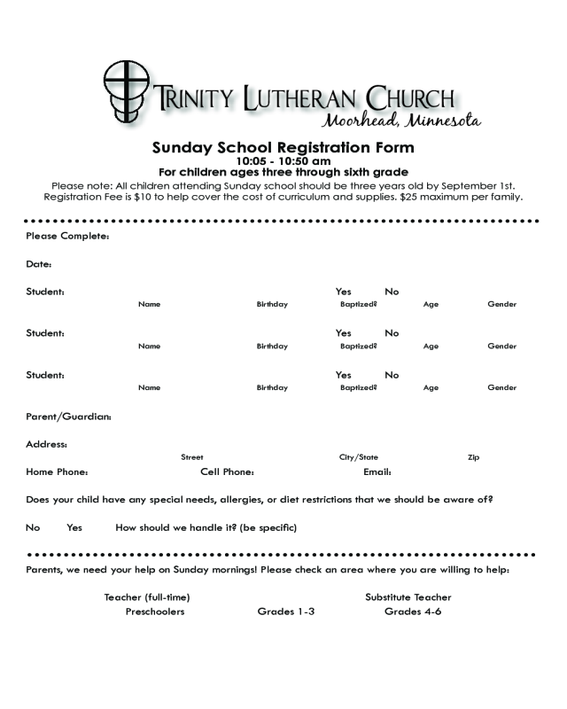 Sunday School Registration Form - Trinity Lutheran Church, Minnesota