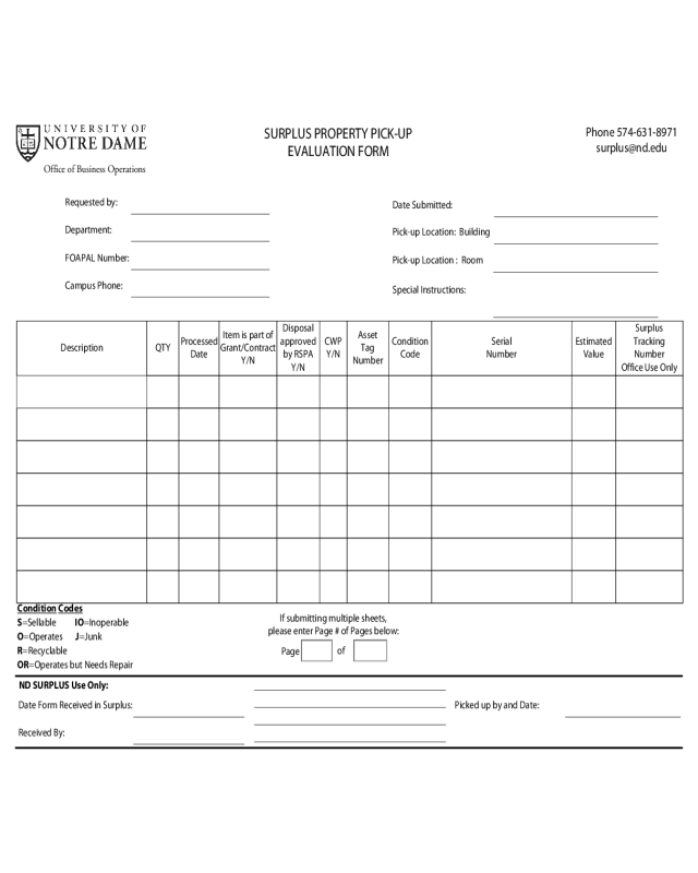 Surplus Property Pick-Up Evaluation Form