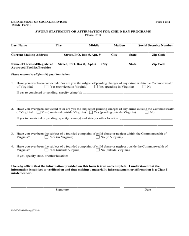 Sworn Statement Form - Virginia