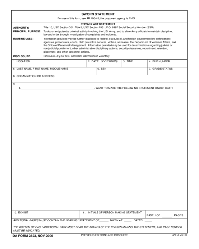 Army Sworn Statement Da Form 2823 Fillable - Printable Forms Free Online