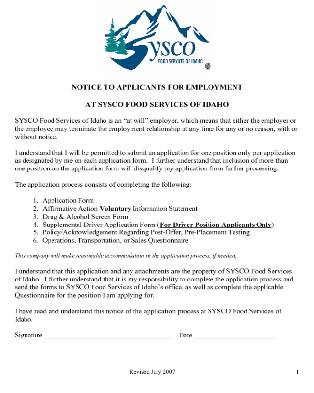 Sysco Application Form
