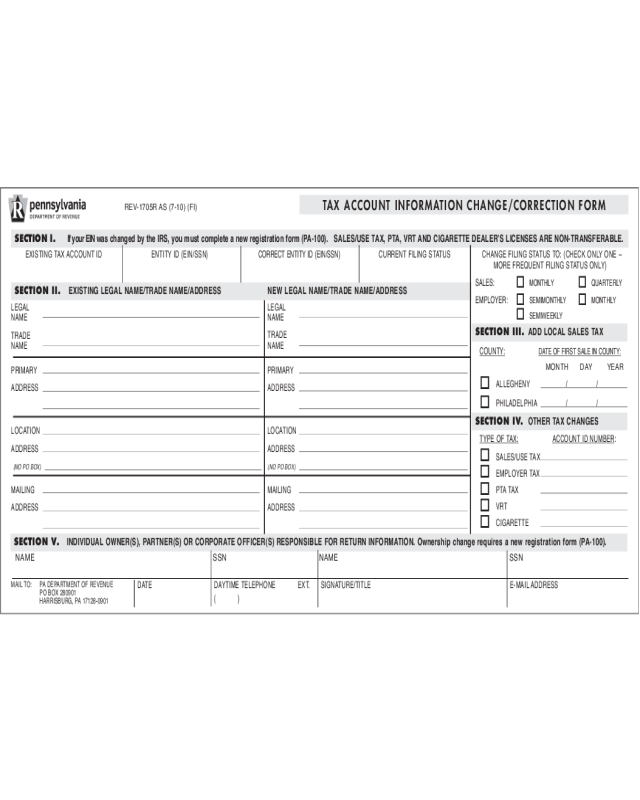 Tax Account Information Change/Correction Form - Pennsylvania