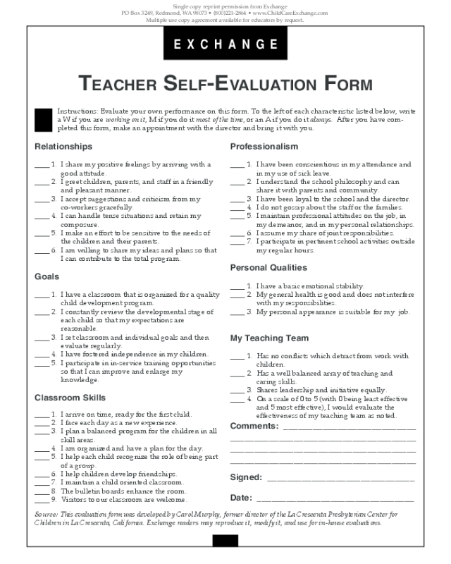 Teacher Self Evaluation Form