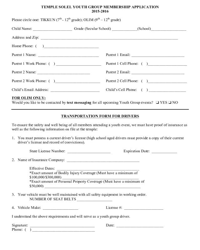 Temple Solel Youth Group Membership Application 2015 - 2016
