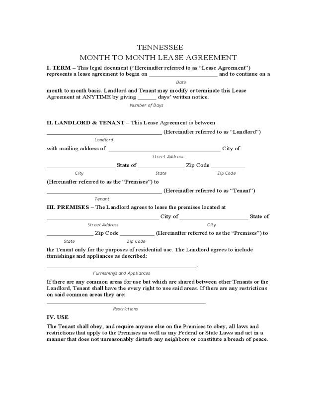 Tennessee Month to Month Lease Agreement Form