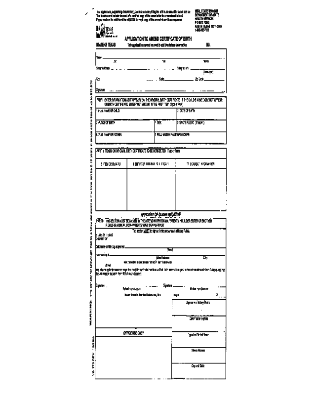 Texas Application to Amend Certificate of Birth Form