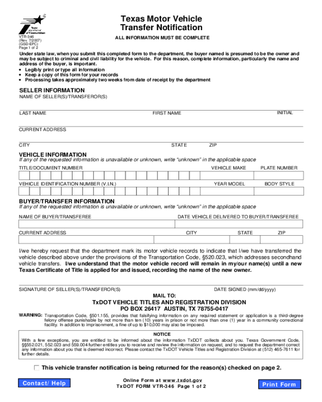 Texas Vehicle Title Transfer Form Printable