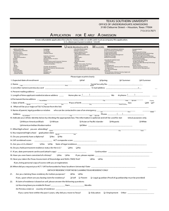 Texas Southern University Application Form