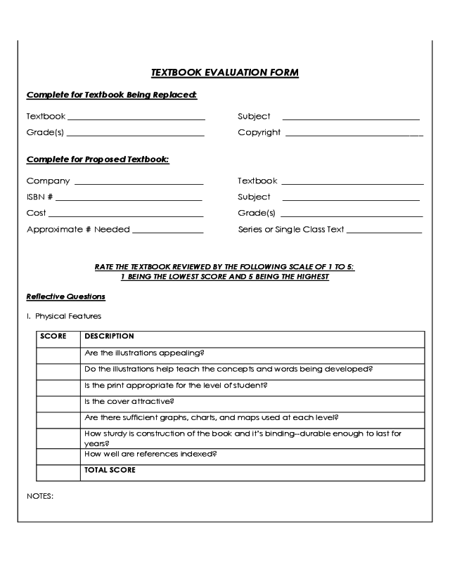 Textbook Evaluation Form Sample