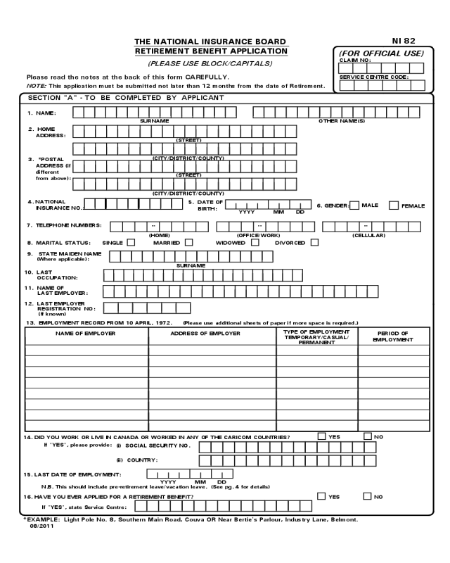 The National Insurance Board Retirement Benefit Application