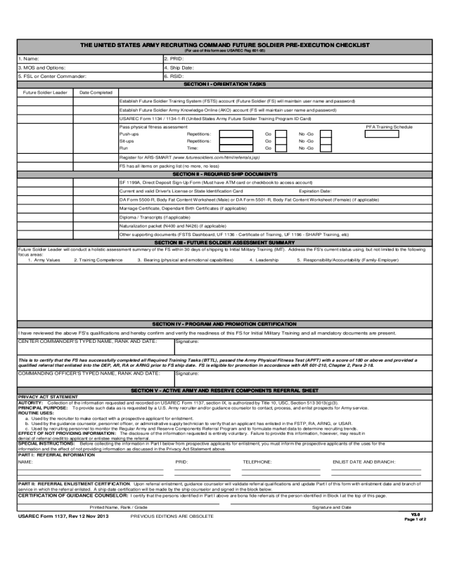 The United States Army Recruiting Command Future Soldier Pre-execution Checklist