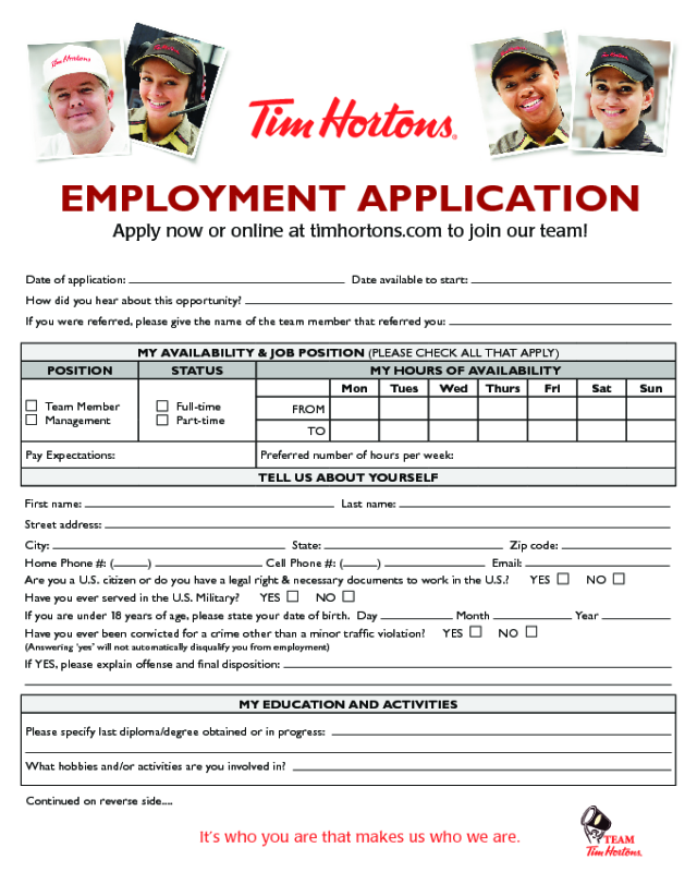 Tim Hortons Application Form