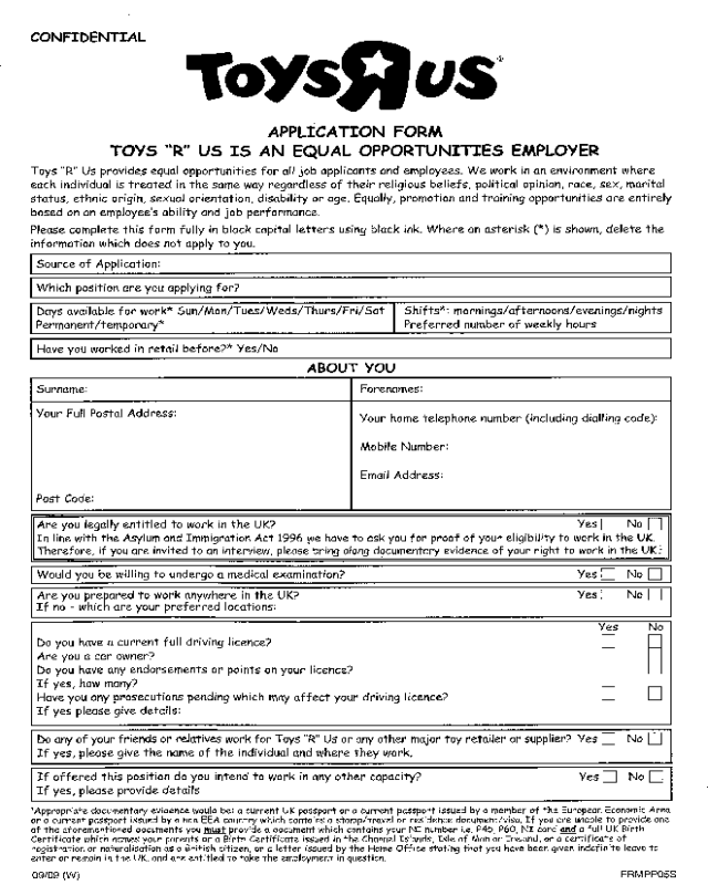 Toys R Us Application Form