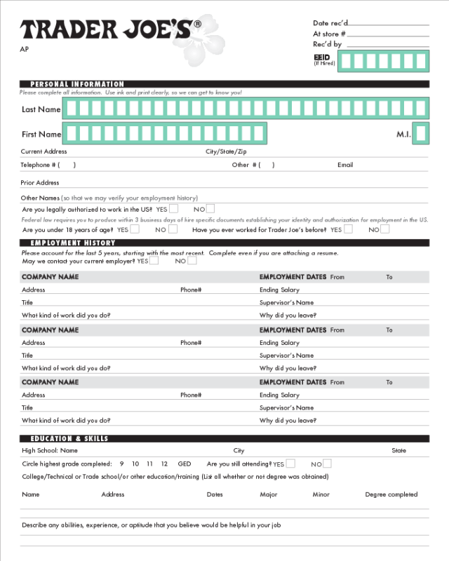 Trader Joe's Application Form