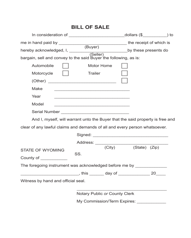 Trailer Bill of Sale Form - Wyoming