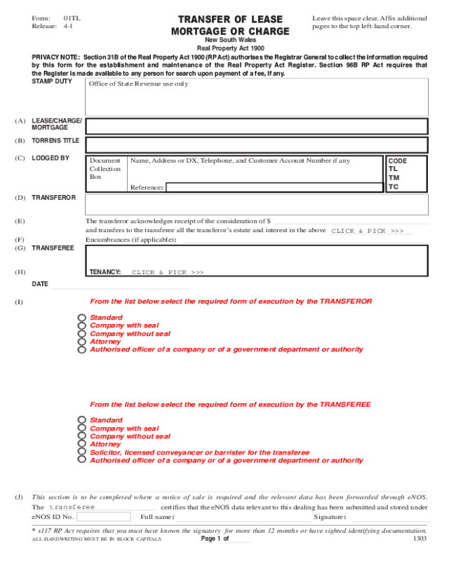 Transfer of Lease Mortgage or Charge - New South Wales