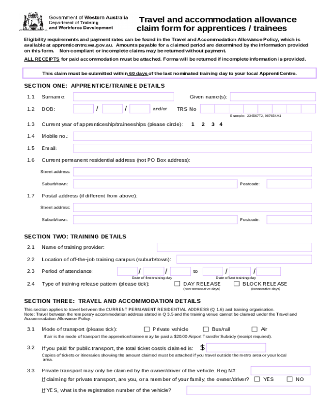 Travel and Accomodation Allowance Claim Form for Apprentices/Trainees - Western Australia