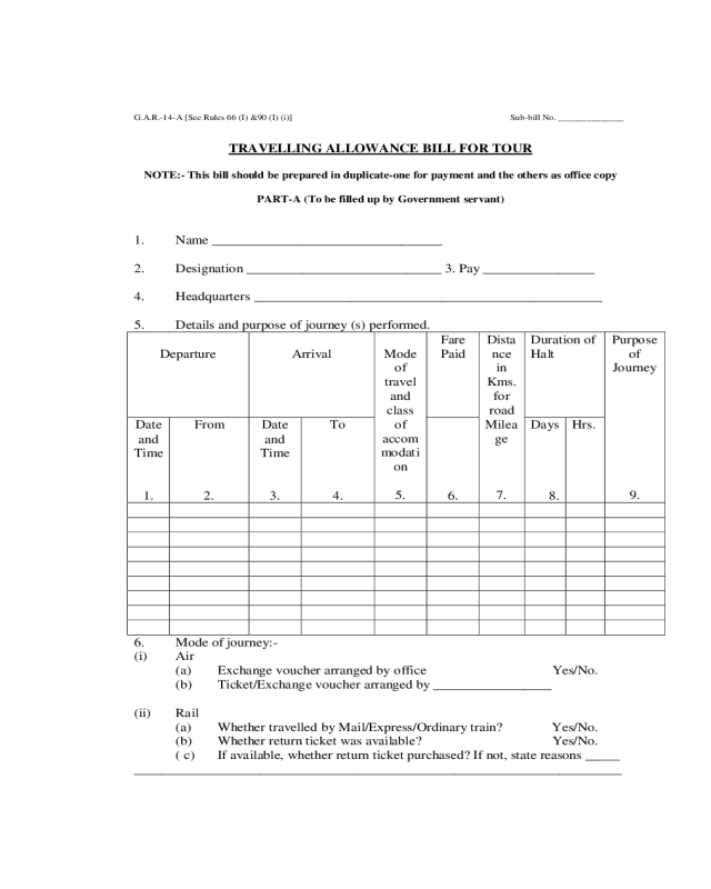 Traveling Allowance Bill for Tour Form