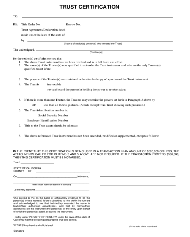 California Certification Of Trust Fillable Form Printable Forms Free