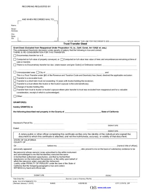 Fillable Trust Transfer Grant Deed Form State Of California Printable 