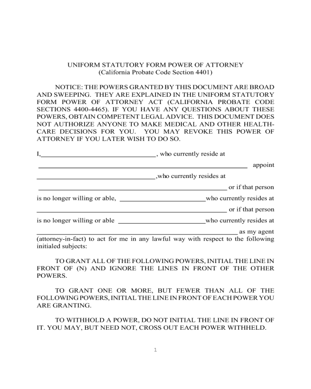 Uniform Statutory Form Power of Attorney - California