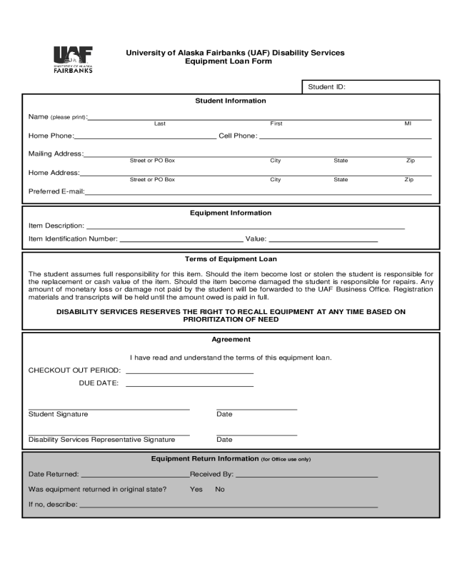 University of Alaska Fairbanks (UAF) Disability Services Equipment Loan Form