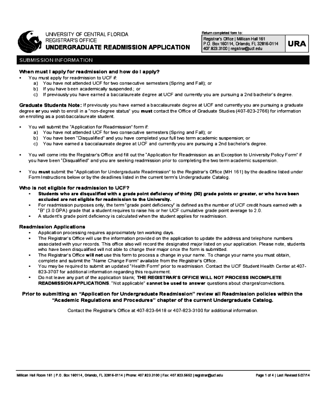 University of Central Florida Application Form for Admission