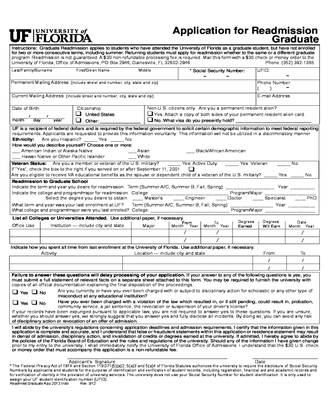 University of Florida Application Form for Admission