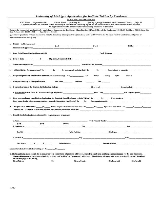 University of Michigan Application Form for In-state Students