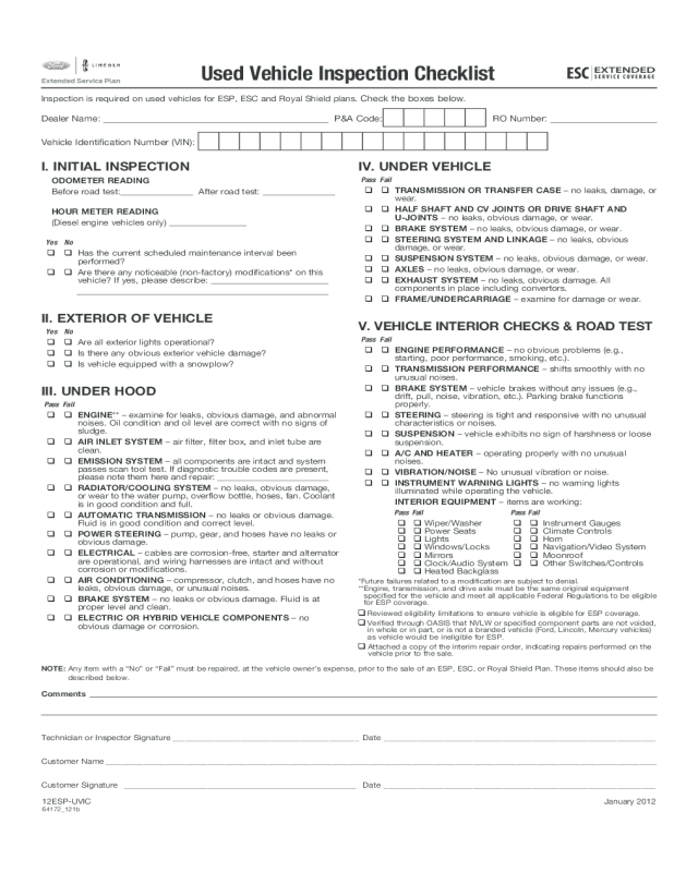 Used Vehicle Inspection Form - Ford