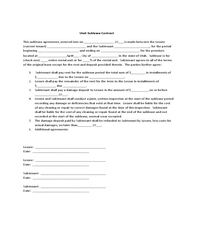 Utah Sublease Agreement Form