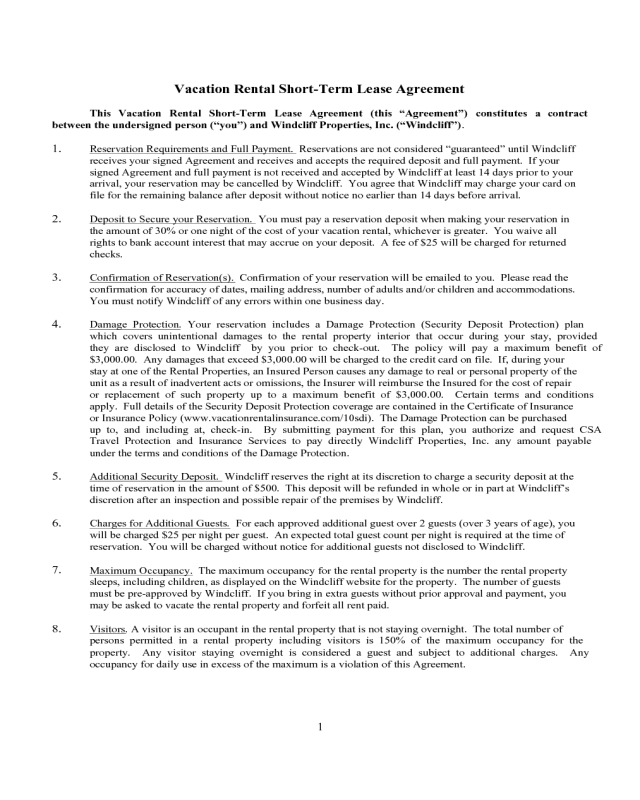 Vacation Rental Short-Term Lease Agreement