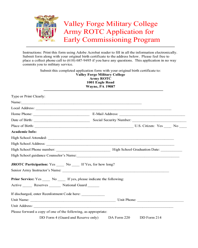 Valley Forge Military College Army ROTC Application for Early Commissioning Program