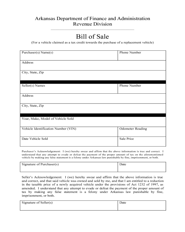Vehicle Bill of Sale Form - Arkansas