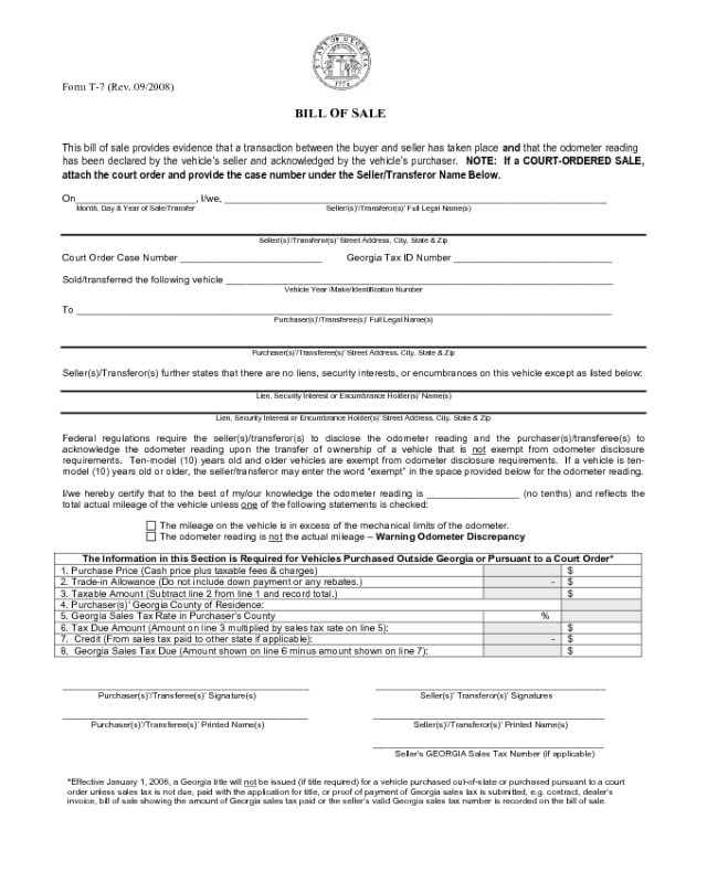 Vehicle Bill of Sale Form - Georgia