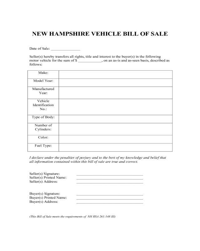 Vehicle Bill of Sale Form - New Hampshire