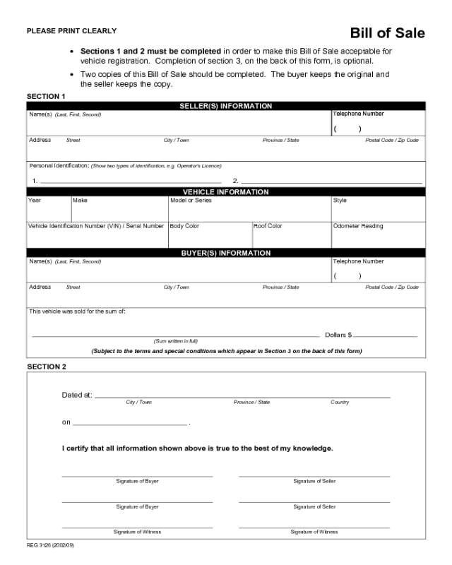 Vehicle Bill of Sale Form - Province of Alberta