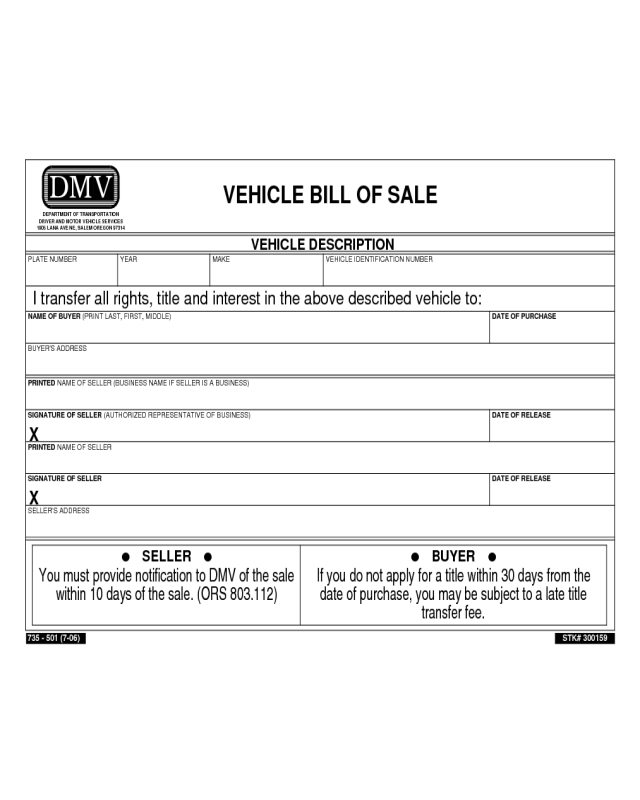 Vehicle Bill of Sale Form Sample