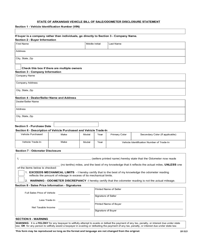 Vehicle Bill of Sale Form - State of Arkansas