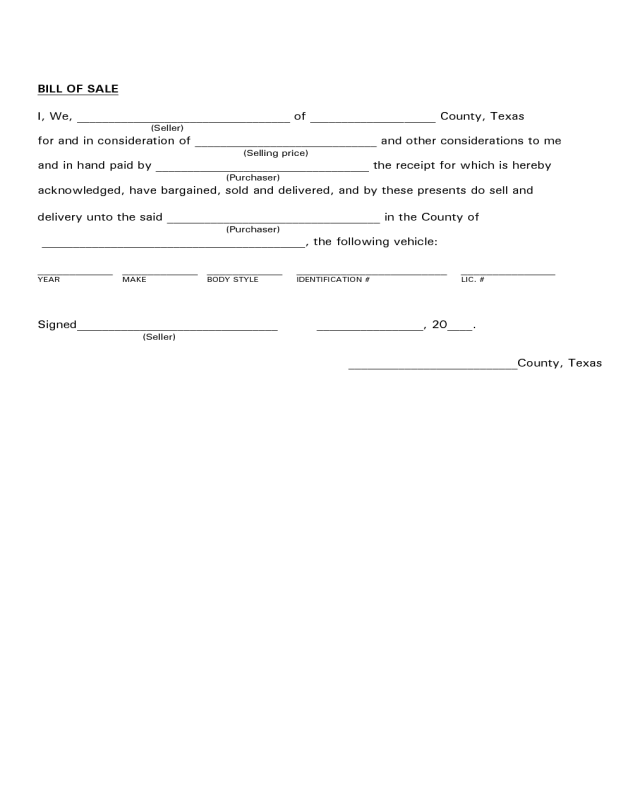 Vehicle Bill of Sale Form - Texas