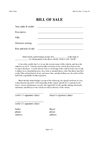 Vehicle Bill of Sale Format - Edit, Fill, Sign Online | Handypdf