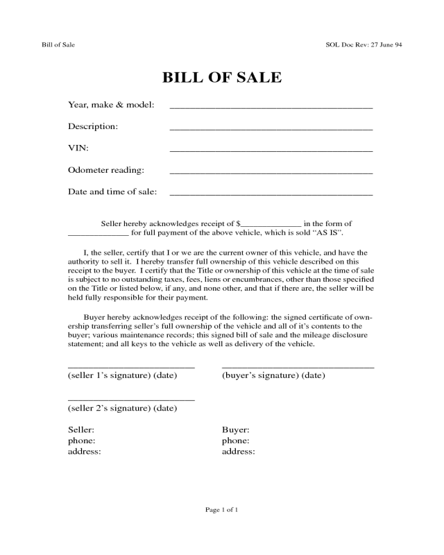 Vehicle Bill of Sale Format