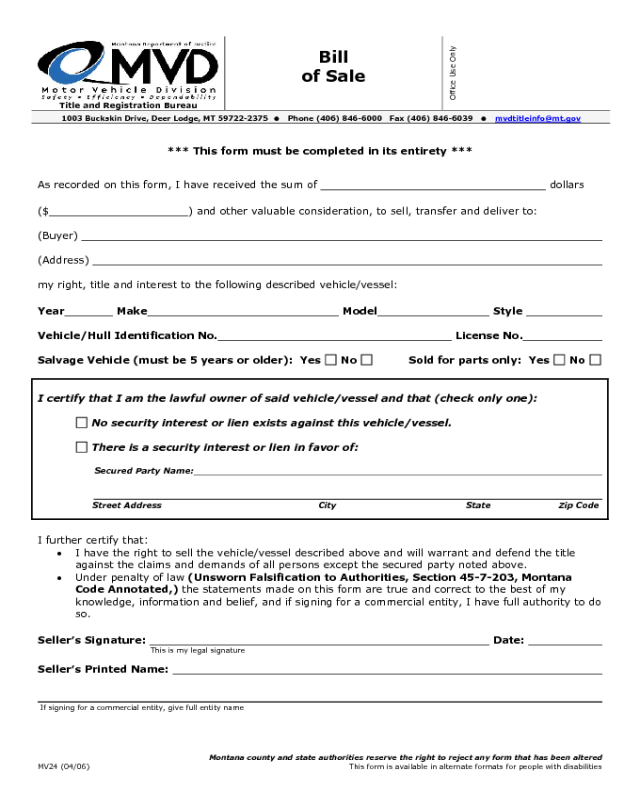 Vehicle Bill of Sale Template - Montana