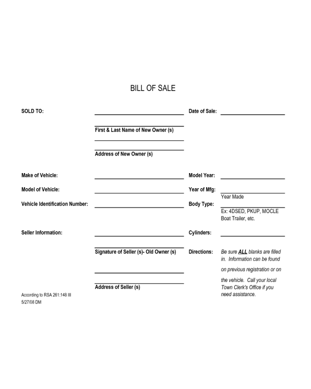 Vehicle Bill of Sale Template - New Hampshire