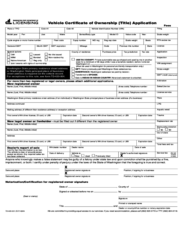 Vehicle Certificate of Ownership (Title) Application - Washington